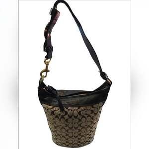 Coach Bleecker Brown Canvas Black Leather Trim Bucket Crossbody Shoulder Bag EUC